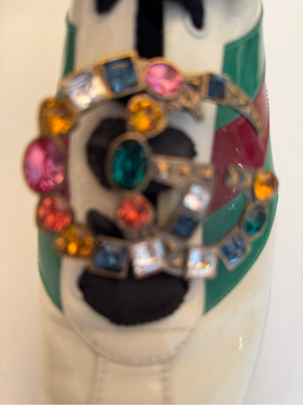Gucci White Leather Sneaker with Green and Red Panels and Multicolor Gem Buckle